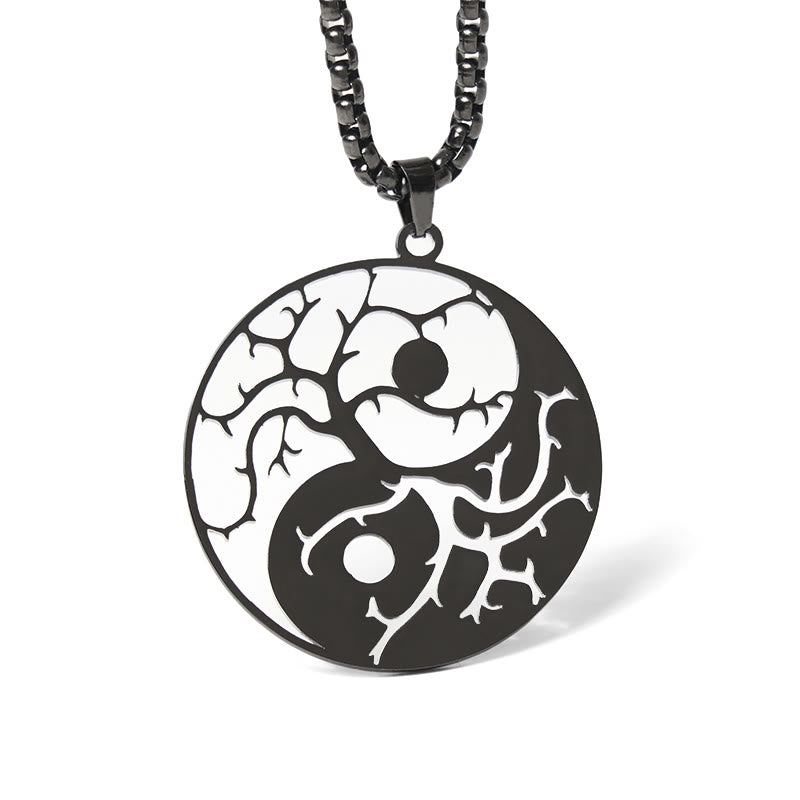 Buddha Stones Branches Hollow Yin Yang Design Stainless Steel Balance Necklace Pendant - Black - image 0
