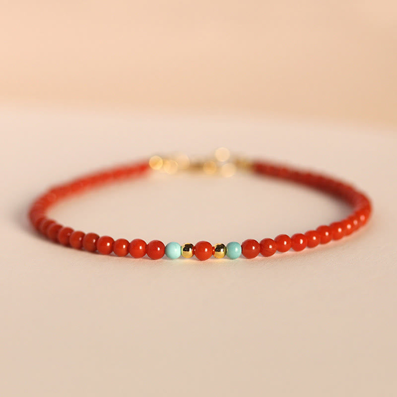 Buddha Stones 3mm Natural South Red Agate Ultra-thin Beads Positive Bracelet - 3mm South Red Agate & Turquoise(Wrist Circumference:14-17cm) - image 0