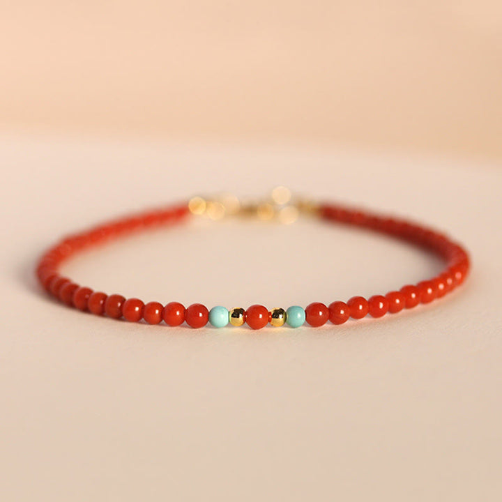 Buddha Stones 3mm Natural South Red Agate Ultra-thin Beads Positive Bracelet - 3mm South Red Agate & Turquoise(Wrist Circumference:14-17cm) - image 0