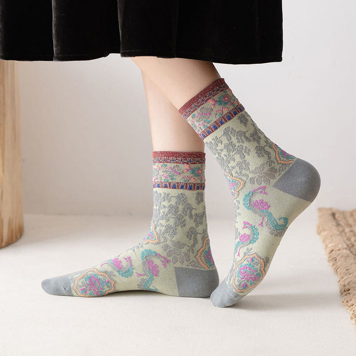 Buddha Stones Retro Embossed Floral Pattern Micro Crew Women Cotton Socks - image 0