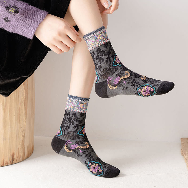 Buddha Stones Retro Embossed Floral Pattern Micro Crew Women Cotton Socks - image 7