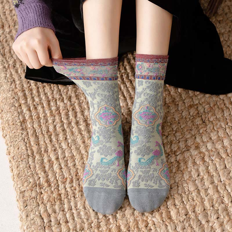 Buddha Stones Retro Embossed Floral Pattern Micro Crew Women Cotton Socks - image 3