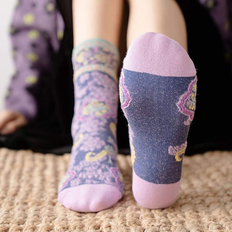 Buddha Stones Retro Embossed Floral Pattern Micro Crew Women Cotton Socks - image 15