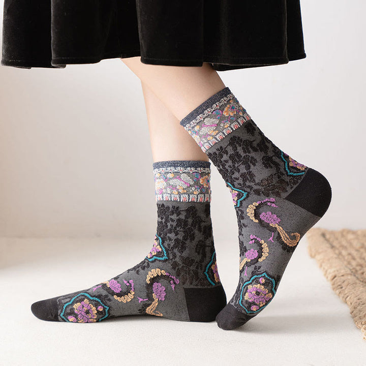 Buddha Stones Retro Embossed Floral Pattern Micro Crew Women Cotton Socks - image 5