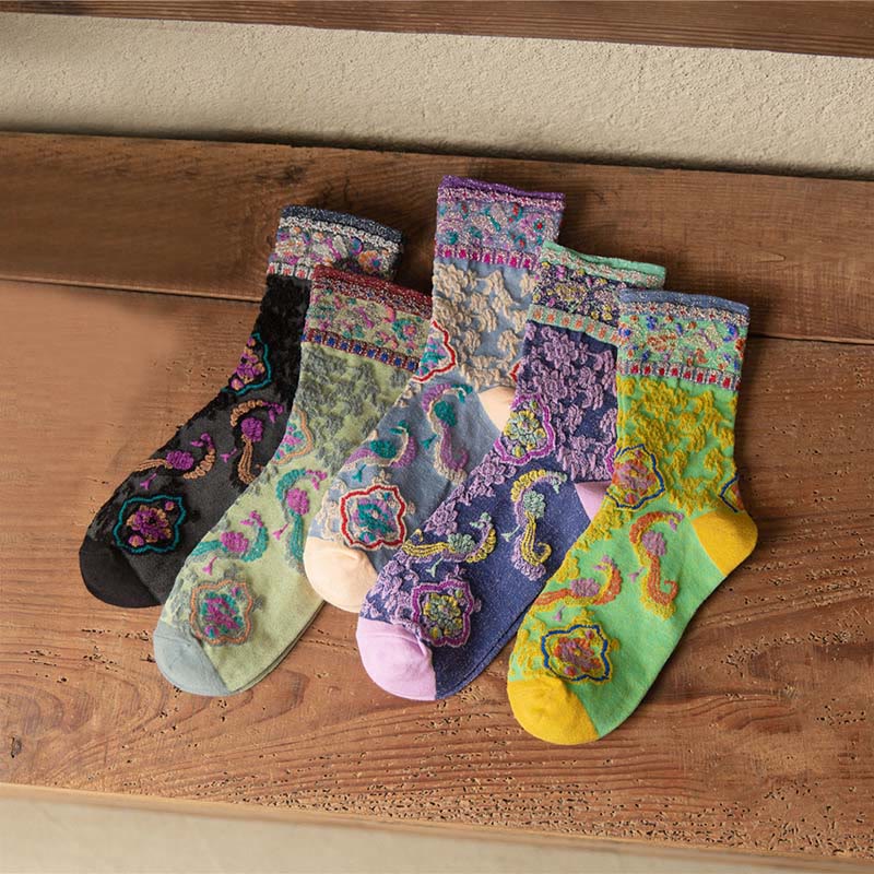 Buddha Stones Retro Embossed Floral Pattern Micro Crew Women Cotton Socks - image 23