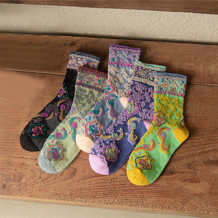 Buddha Stones Retro Embossed Floral Pattern Micro Crew Women Cotton Socks - image 23