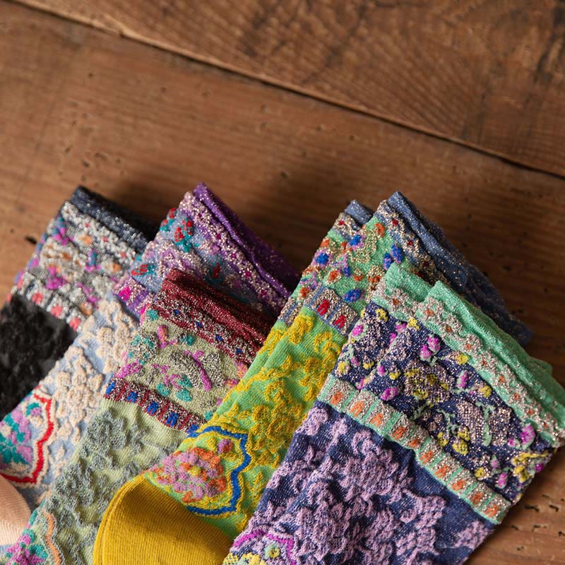 Buddha Stones Retro Embossed Floral Pattern Micro Crew Women Cotton Socks - image 28