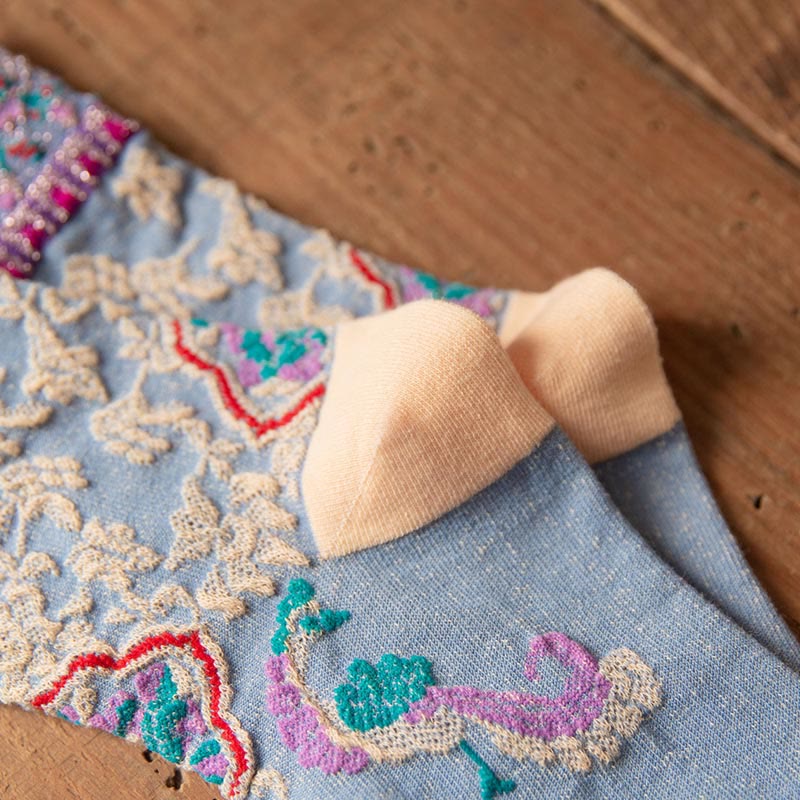 Buddha Stones Retro Embossed Floral Pattern Micro Crew Women Cotton Socks - image 19