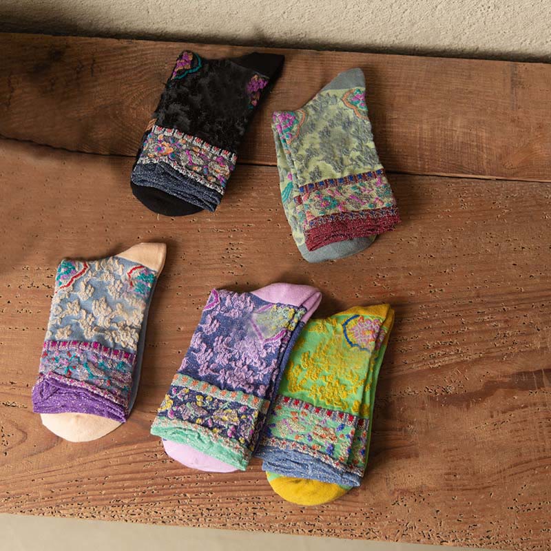 Buddha Stones Retro Embossed Floral Pattern Micro Crew Women Cotton Socks - image 24