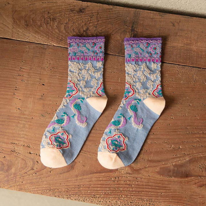 Buddha Stones Retro Embossed Floral Pattern Micro Crew Women Cotton Socks - LightSteelBlue - One Size Fits Most (US4–9，EU34–39，UK/AU2.5-6，Asia22-24.5cm) - image 17