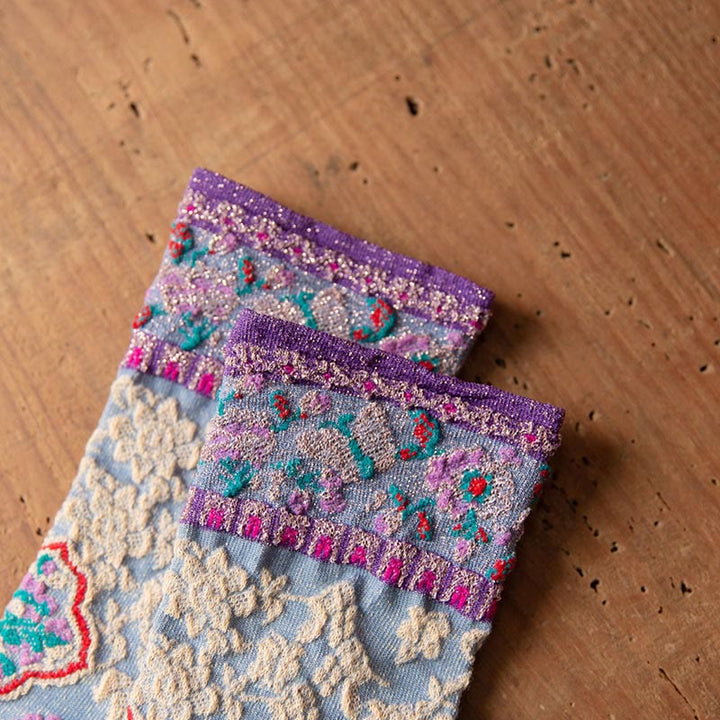 Buddha Stones Retro Embossed Floral Pattern Micro Crew Women Cotton Socks - image 18