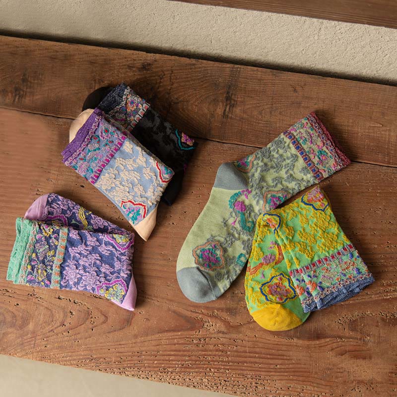 Buddha Stones Retro Embossed Floral Pattern Micro Crew Women Cotton Socks - image 25