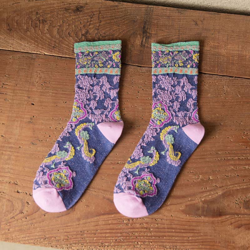 Buddha Stones Retro Embossed Floral Pattern Micro Crew Women Cotton Socks - SlateBlue - One Size Fits Most (US4–9，EU34–39，UK/AU2.5-6，Asia22-24.5cm) - image 10