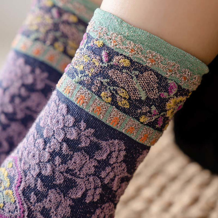 Buddha Stones Retro Embossed Floral Pattern Micro Crew Women Cotton Socks - image 11