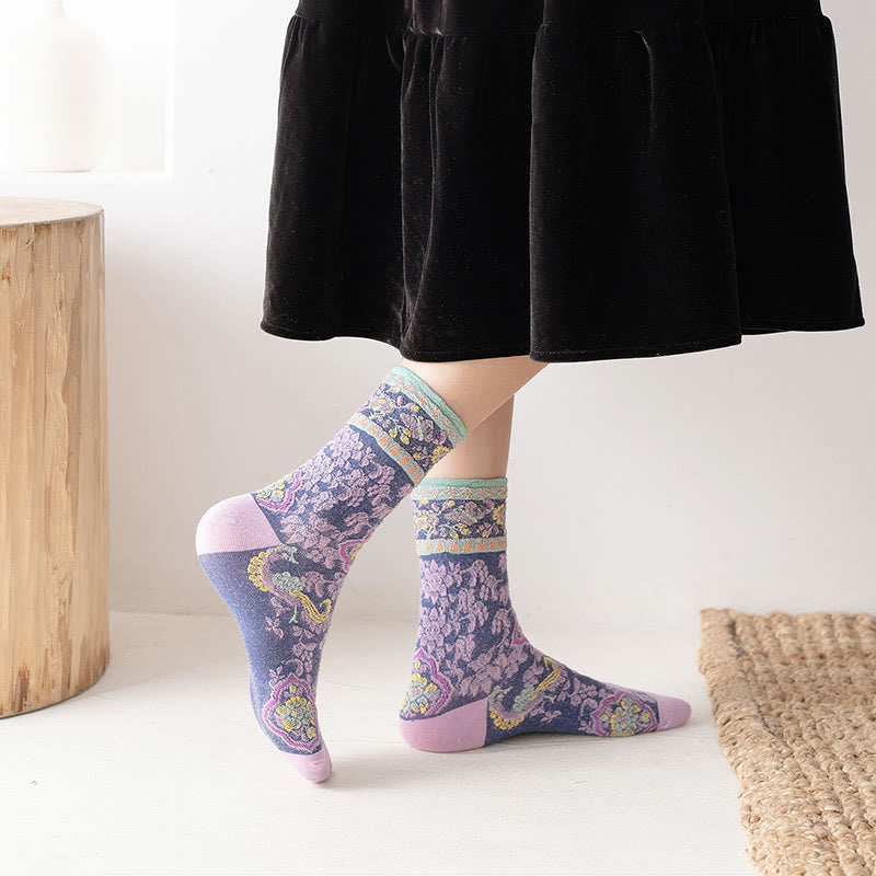 Buddha Stones Retro Embossed Floral Pattern Micro Crew Women Cotton Socks - image 12