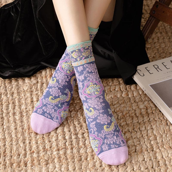 Buddha Stones Retro Embossed Floral Pattern Micro Crew Women Cotton Socks - image 14