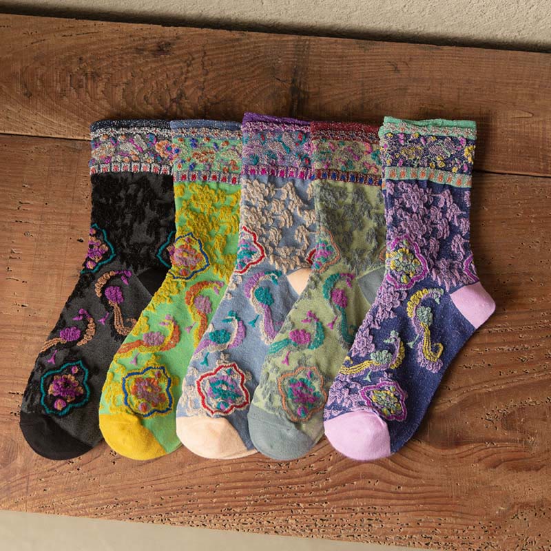 Buddha Stones Retro Embossed Floral Pattern Micro Crew Women Cotton Socks - image 21