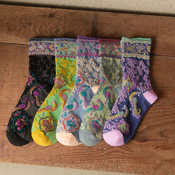 Buddha Stones Retro Embossed Floral Pattern Micro Crew Women Cotton Socks - image 21