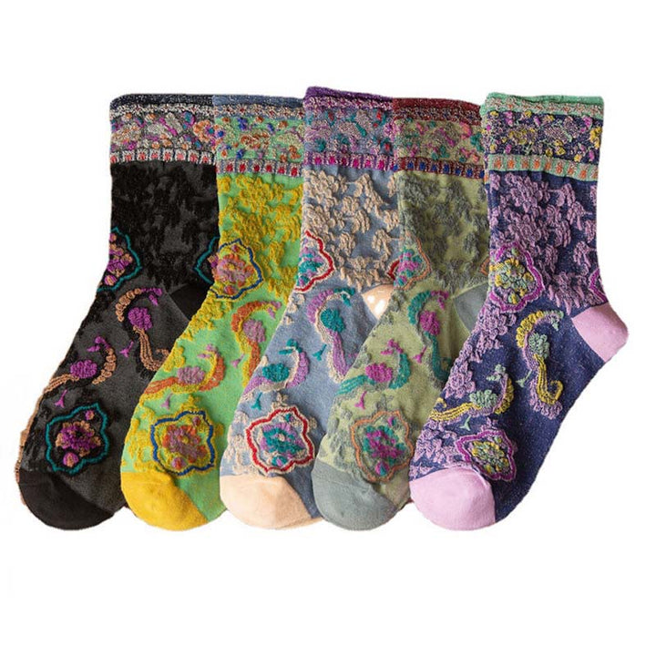 Buddha Stones Retro Embossed Floral Pattern Micro Crew Women Cotton Socks - image 30