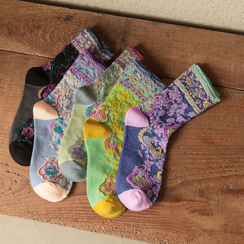 Buddha Stones Retro Embossed Floral Pattern Micro Crew Women Cotton Socks - image 22