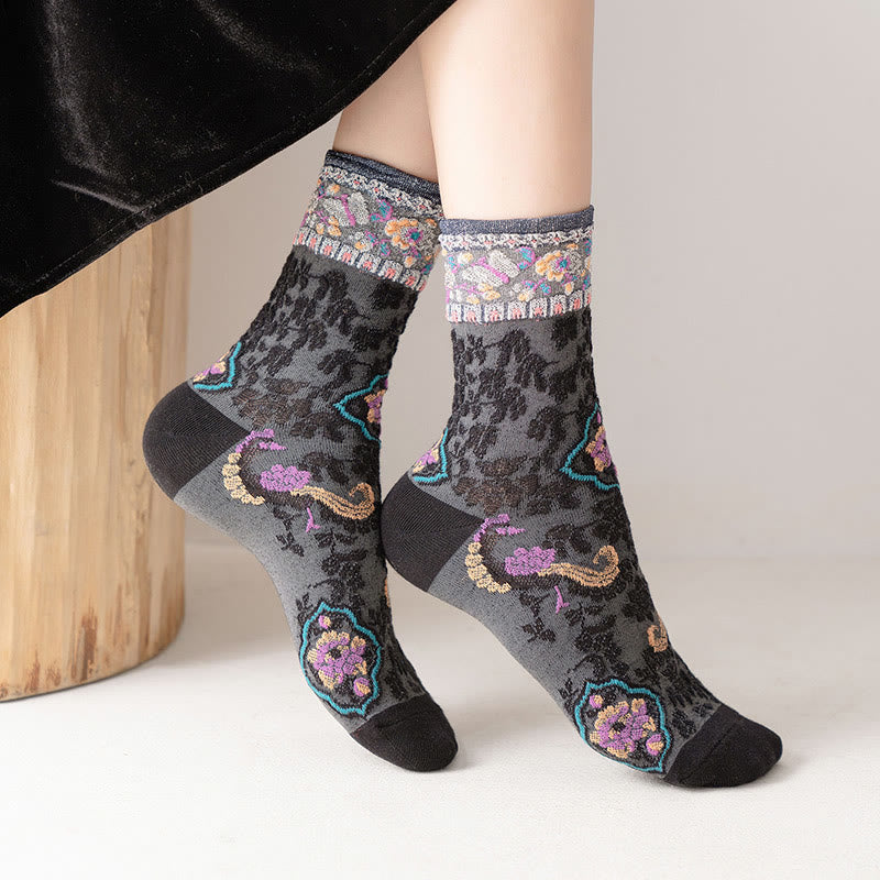 Buddha Stones Retro Embossed Floral Pattern Micro Crew Women Cotton Socks - image 6