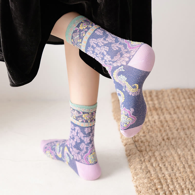 Buddha Stones Retro Embossed Floral Pattern Micro Crew Women Cotton Socks - image 13