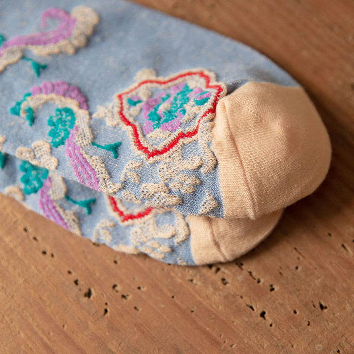 Buddha Stones Retro Embossed Floral Pattern Micro Crew Women Cotton Socks - image 20