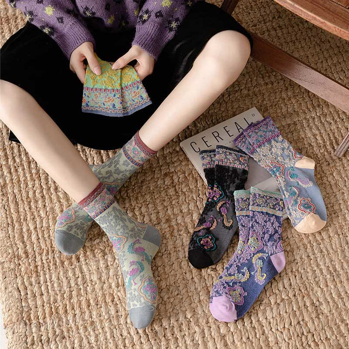 Buddha Stones Retro Embossed Floral Pattern Micro Crew Women Cotton Socks - image 29
