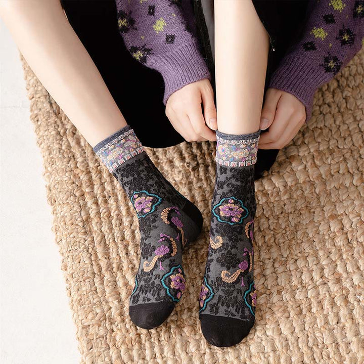 Buddha Stones Retro Embossed Floral Pattern Micro Crew Women Cotton Socks - image 9