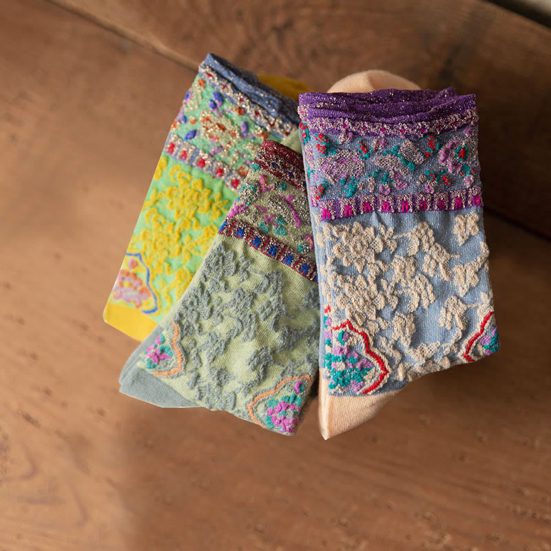 Buddha Stones Retro Embossed Floral Pattern Micro Crew Women Cotton Socks - image 26