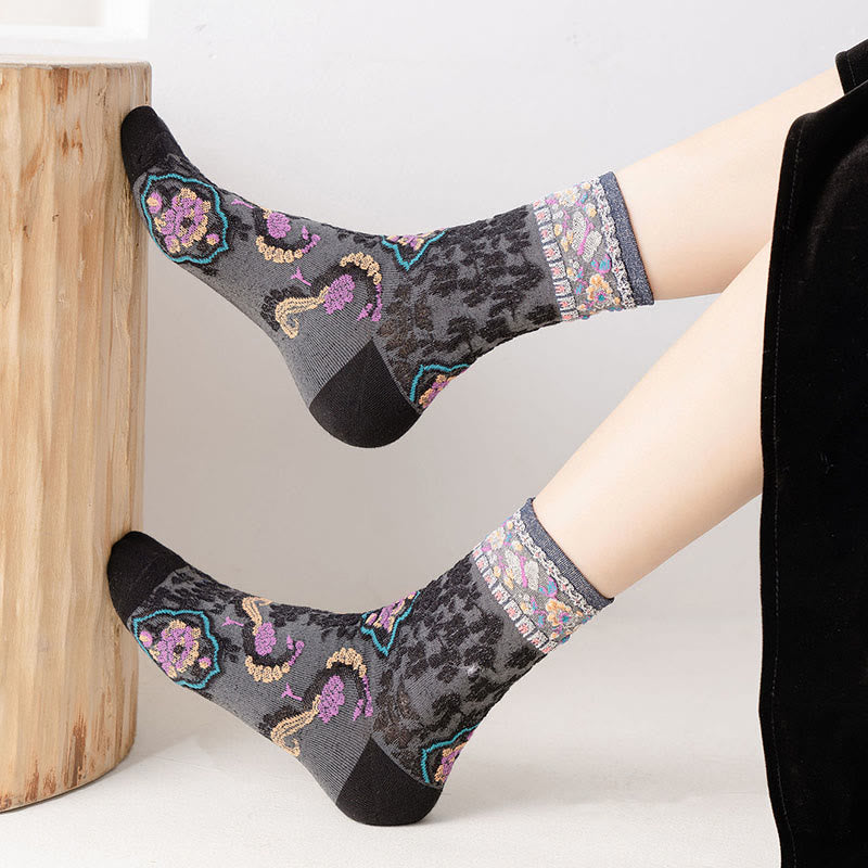 Buddha Stones Retro Embossed Floral Pattern Micro Crew Women Cotton Socks - image 8