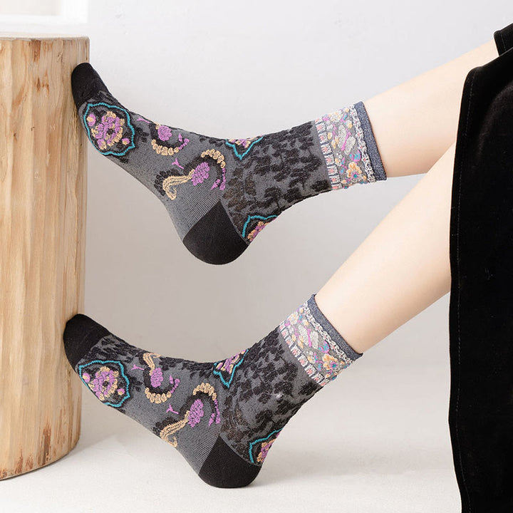 Buddha Stones Retro Embossed Floral Pattern Micro Crew Women Cotton Socks - image 8