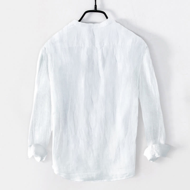 Buddha Stones Solid Color Short Sleeve Half Button Shirt Cotton Linen Men Clothing - image 28