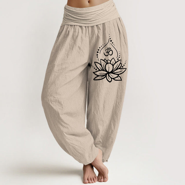 Buddha Stones Blooming Lotus Om Symbol Pattern Women's Elastic Waist Harem Cotton Pants - Tan - US22，UK/AU26，EU54 (6XL) - image 11