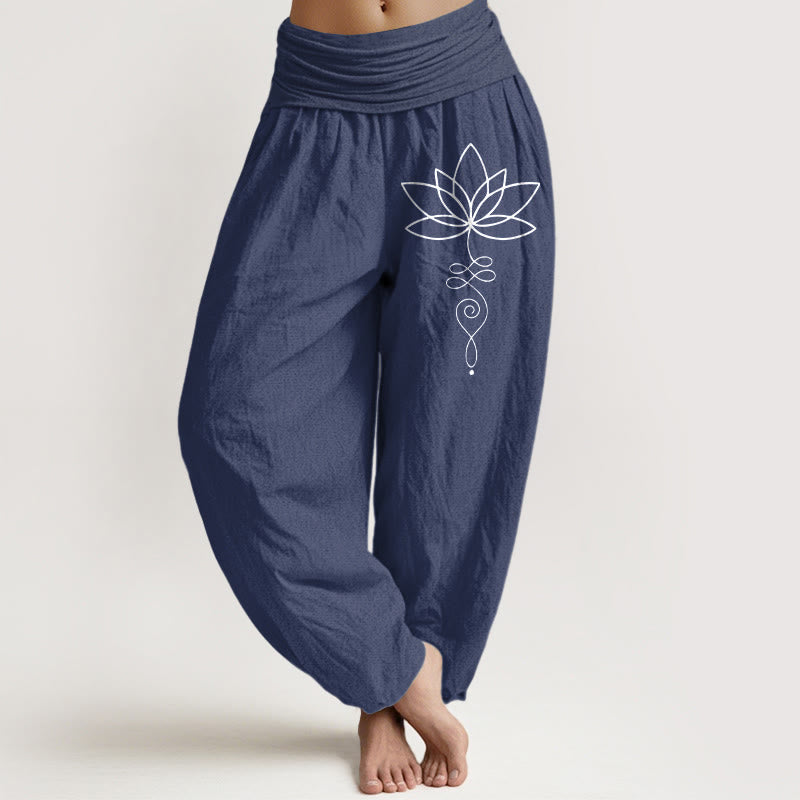 Buddha Stones Lotus Unalome Symbol Pattern Women's Elastic Waist Harem Pure Cotton Pants - DarkSlateBlue - US22，UK/AU26，EU54 (6XL) - image 8