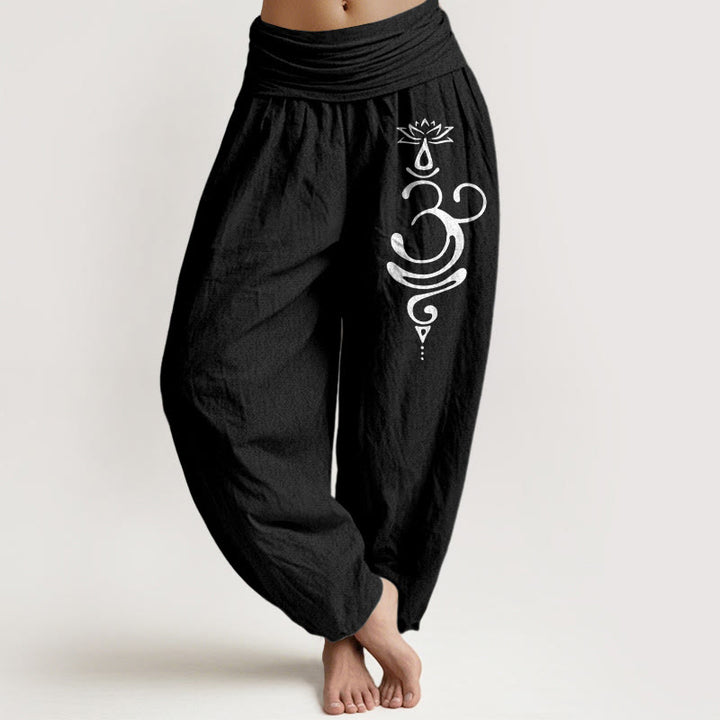 Buddha Stones Lotus Flower Unalome Symbol Pattern Pure Cotton Women's Elastic Waist Harem Pants - Black - US22，UK/AU26，EU54 (6XL) - image 5
