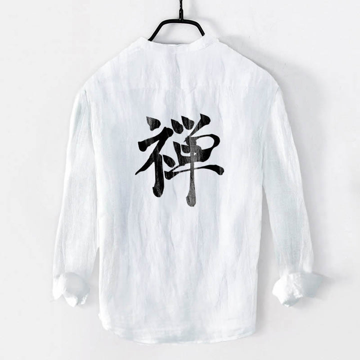 Buddha Stones Zen Character Half Buttons Design Long Sleeve Men's Cotton Linen Shirt - image 8