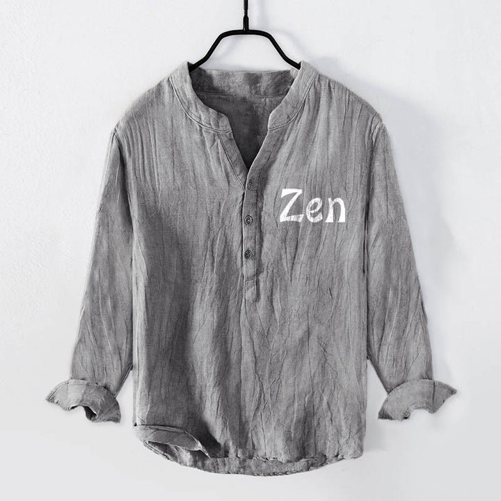 Buddha Stones Zen Character Half Buttons Design Long Sleeve Men's Cotton Linen Shirt - image 4