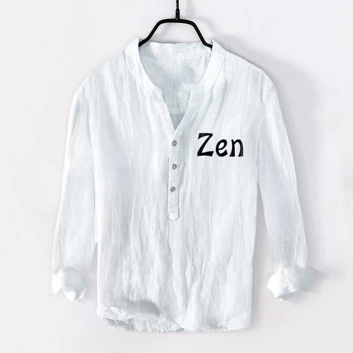 Buddha Stones Zen Character Half Buttons Design Long Sleeve Men's Cotton Linen Shirt - image 7