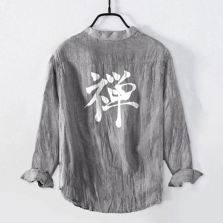 Buddha Stones Zen Character Half Buttons Design Long Sleeve Men's Cotton Linen Shirt - image 5