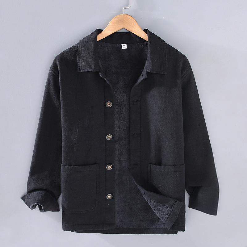 Buddha Stones Men's Plain Long Sleeve Thermal Fleece-Lined Ramie Linen Cotton Jacket With Pockets - Black - US/UK/AU42，EU52 (3XL) - image 11