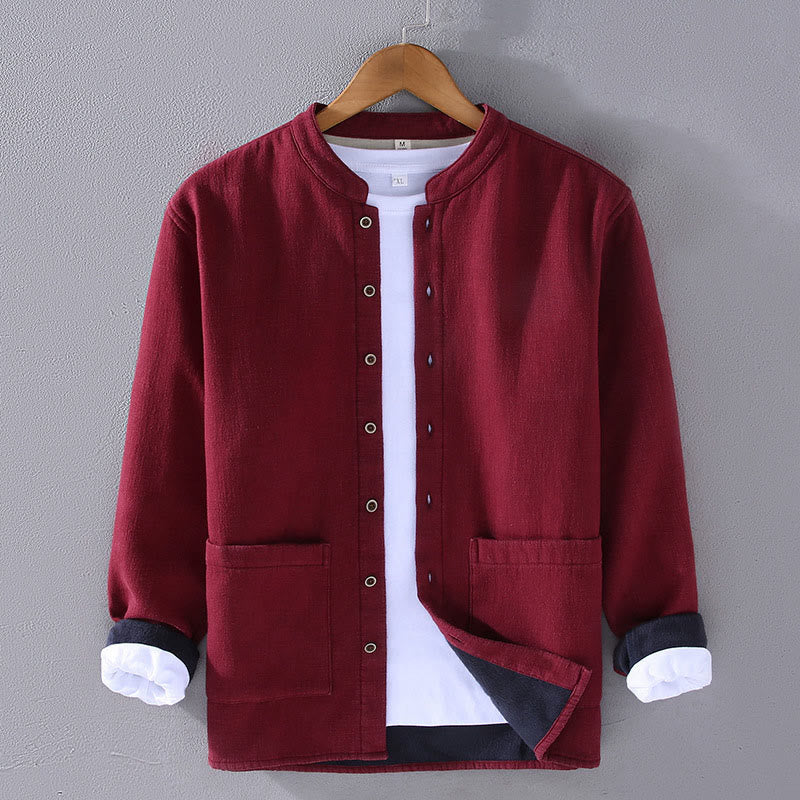 Buddha Stones Men's Stnad Collar Long Sleeve Thermal Fleece-lined Ramie Cotton Jacket With Pockets - FireBrick - US/UK/AU42，EU52 (3XL) - image 1