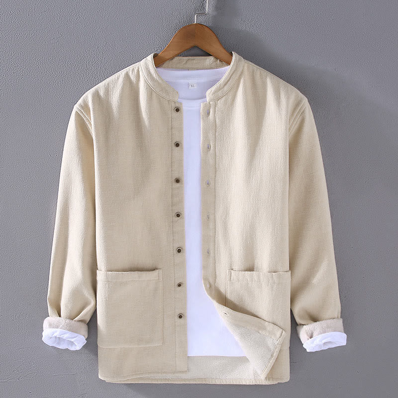 Buddha Stones Men's Stnad Collar Long Sleeve Thermal Fleece-lined Ramie Cotton Jacket With Pockets - Beige - US/UK/AU42，EU52 (3XL) - image 4