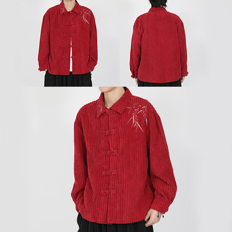 Buddha Stones Embroidery Bamboo Pattern Frog-Button Desgin Long Sleeve Men's Cotton Corduroy Jacket - image 19