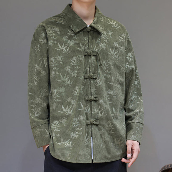 Buddha Stones Jacquard Leaves Pattern Frog-Button Long Sleeve Men's Cotton Tang Suit Jacket - image 19
