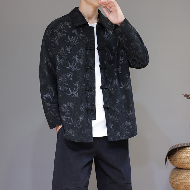 Buddha Stones Jacquard Leaves Pattern Frog-Button Long Sleeve Men's Cotton Tang Suit Jacket - image 1