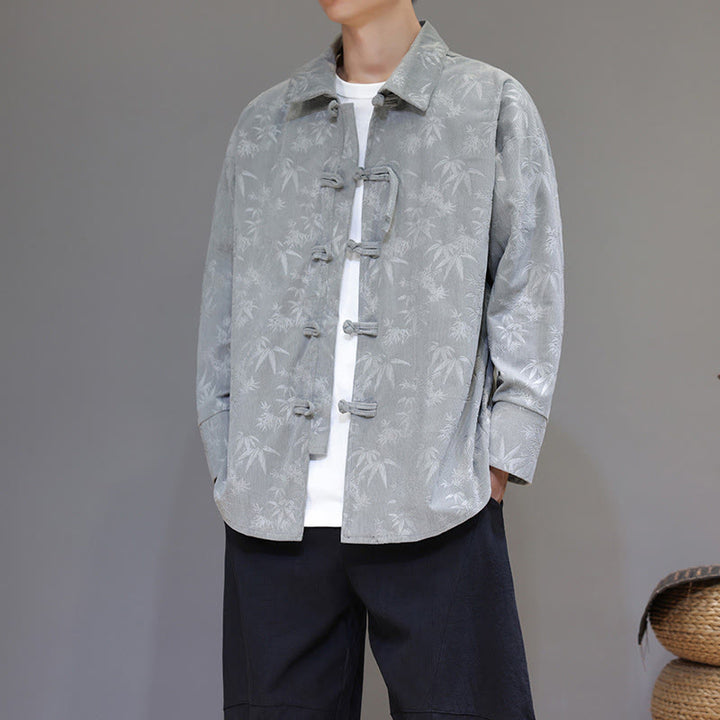 Buddha Stones Jacquard Leaves Pattern Frog-Button Long Sleeve Men's Cotton Tang Suit Jacket - LightGrey - US/UK/AU46，EU56 (5XL) - image 8