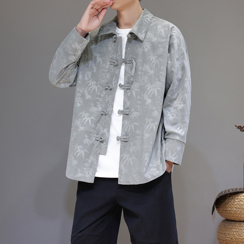 Buddha Stones Jacquard Leaves Pattern Frog-Button Long Sleeve Men's Cotton Tang Suit Jacket - image 9
