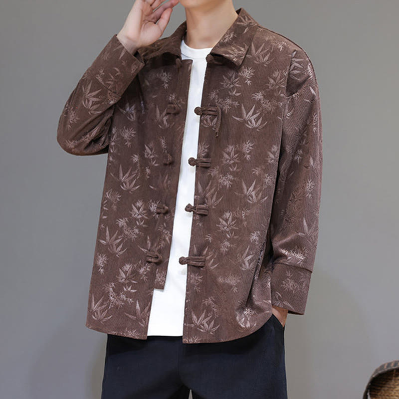 Buddha Stones Jacquard Leaves Pattern Frog-Button Long Sleeve Men's Cotton Tang Suit Jacket - image 30