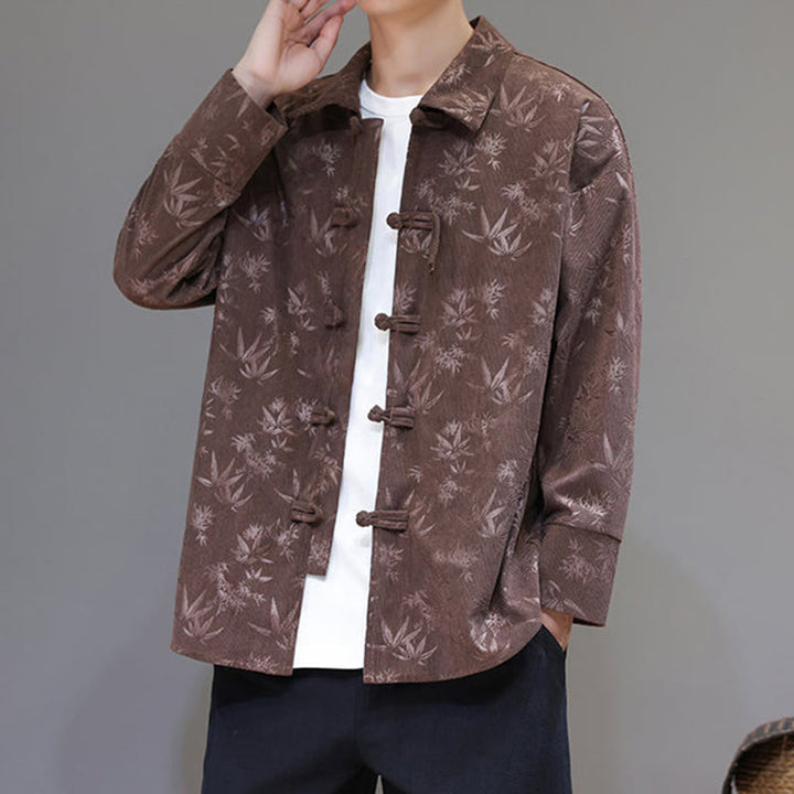 Buddha Stones Jacquard Leaves Pattern Frog-Button Long Sleeve Men's Cotton Tang Suit Jacket - image 30